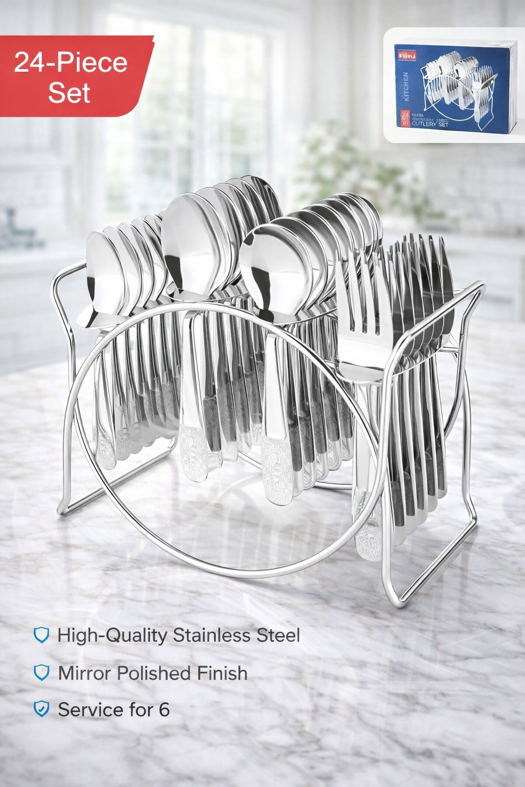 Stainless Steel Cutlery Set With Elegant Storage Stand (24 Pc)