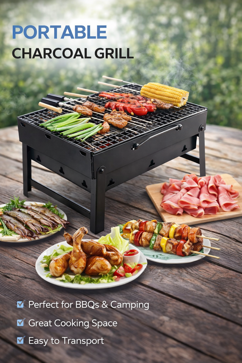 Folding Barbeque Charcoal Grill Oven (Black Carbon Steel)