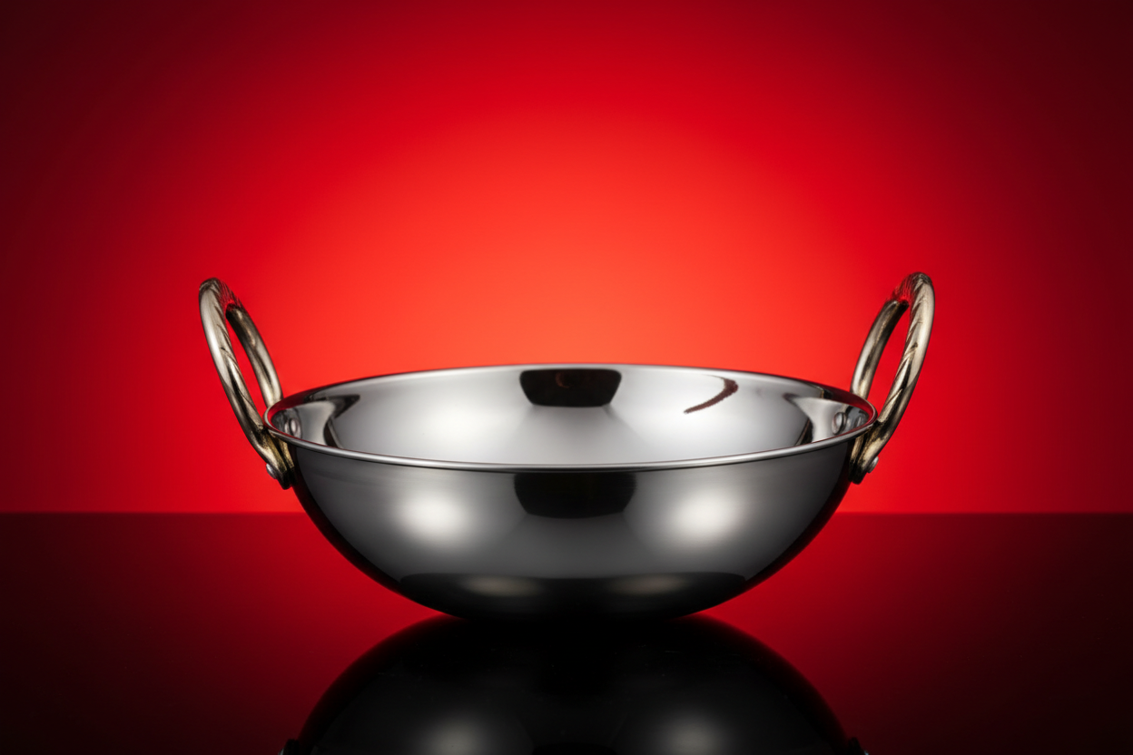 Frying Kadhai in a beautiful red background like photoshoot