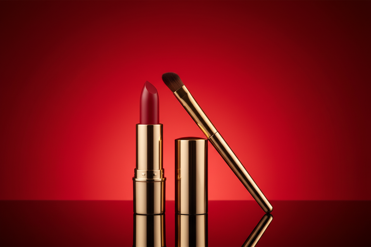 lipstick and brush in a beautiful red background like photoshoot